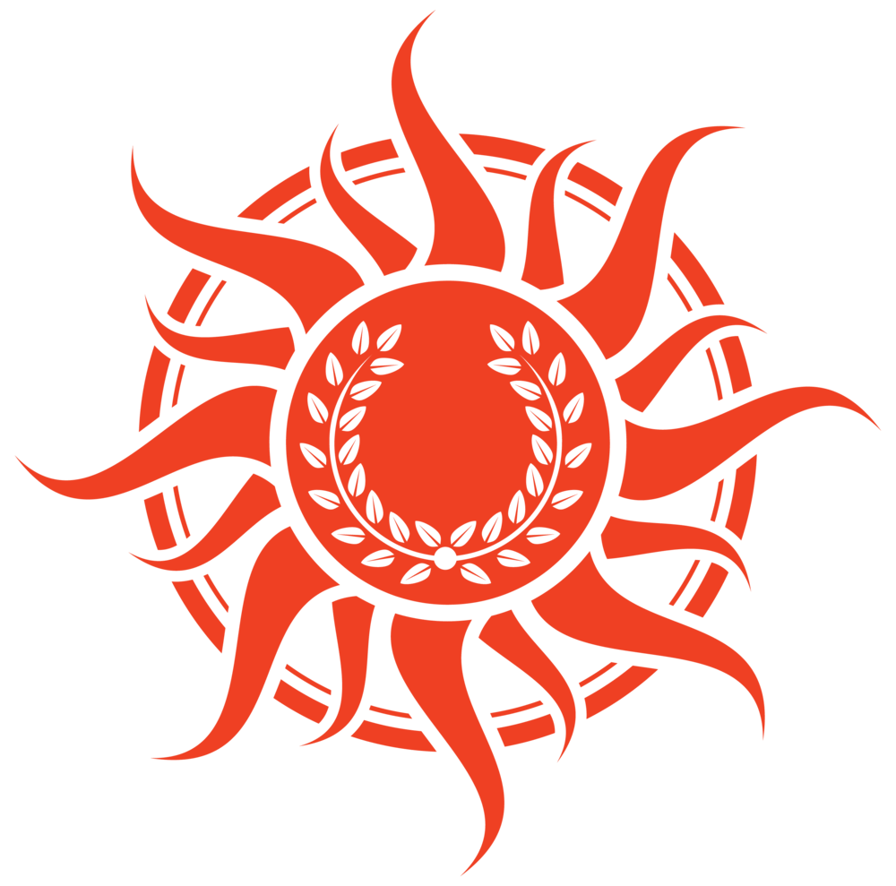 Reddish orange sun with laurel wreath in centre.